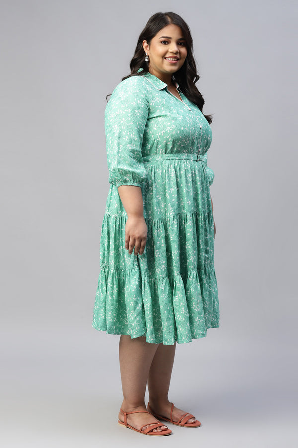 Green Shirt Collar Plus Size Liva Dress With Floral Motifs