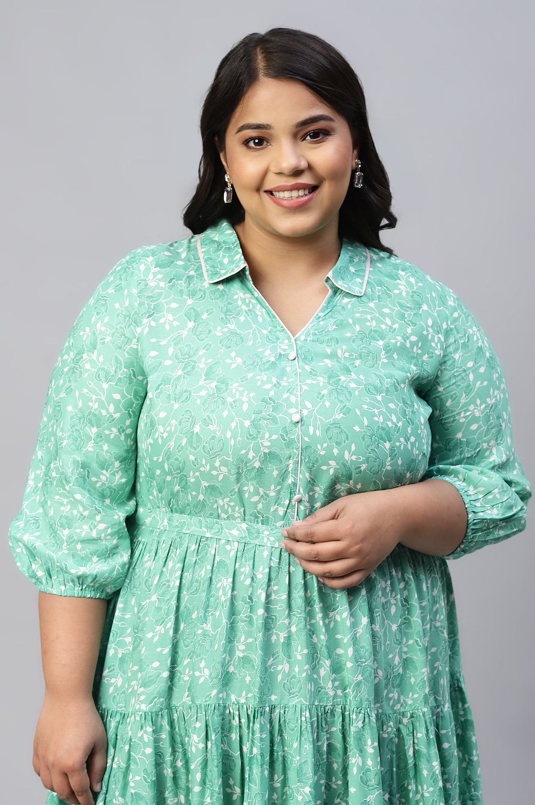 Green Shirt Collar Plus Size Liva Dress With Floral Motifs