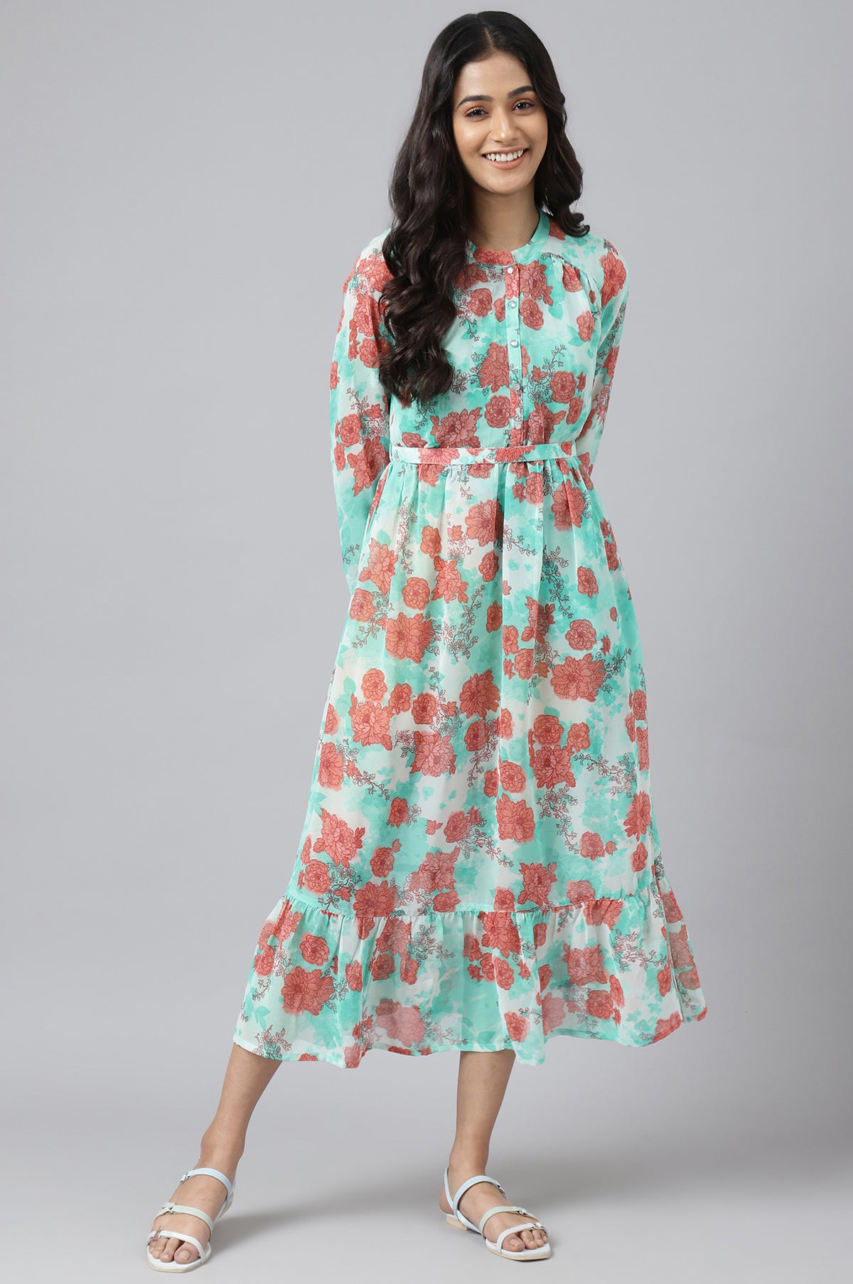 Green Bold Floral Print Flared Dress - S