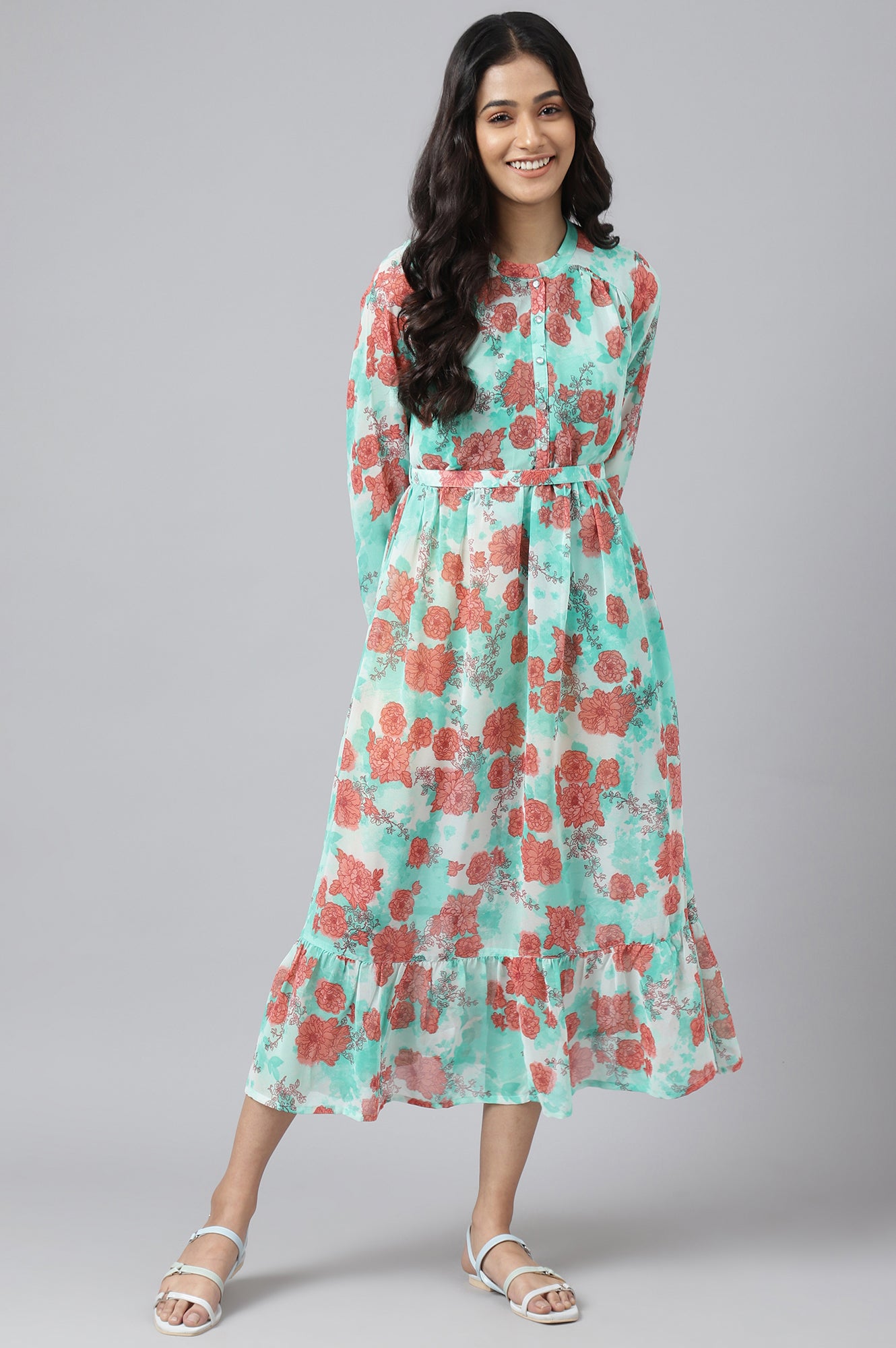 Green Bold Floral Print Flared Dress