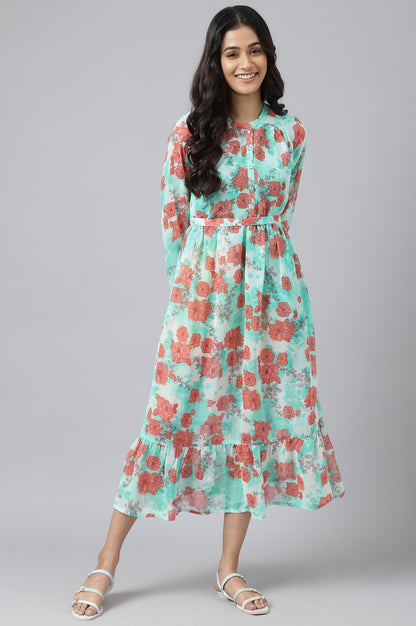 Green Bold Floral Print Flared Dress