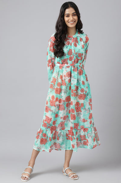 Green Bold Floral Print Flared Dress