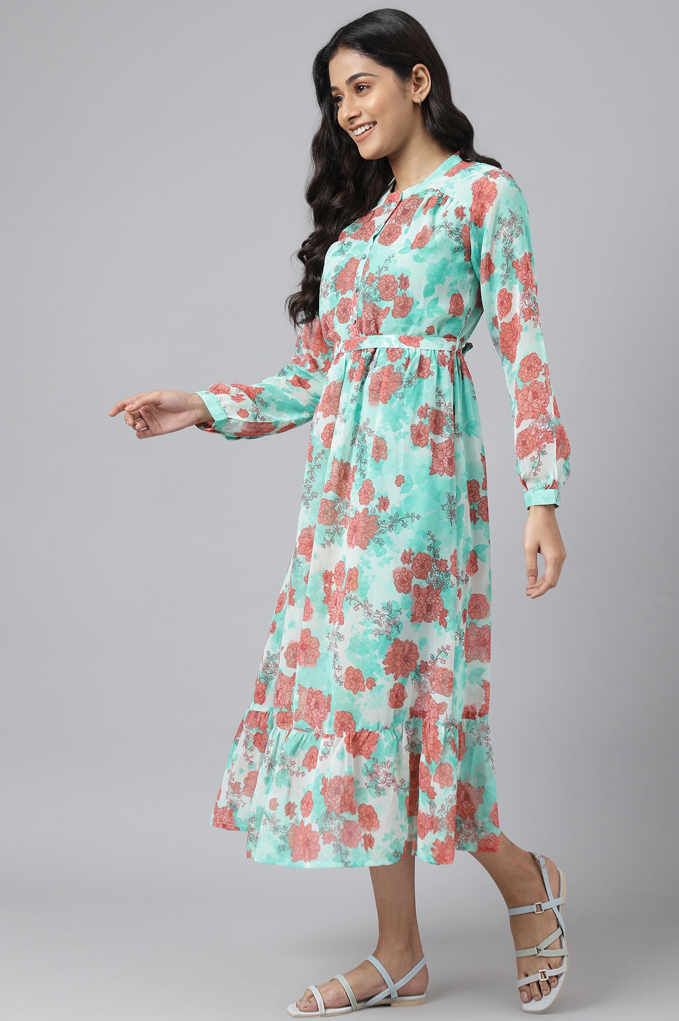 Green Bold Floral Print Flared Dress