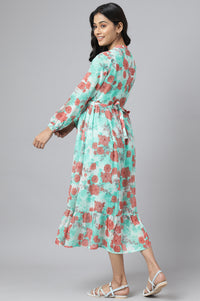 Green Bold Floral Print Flared Dress