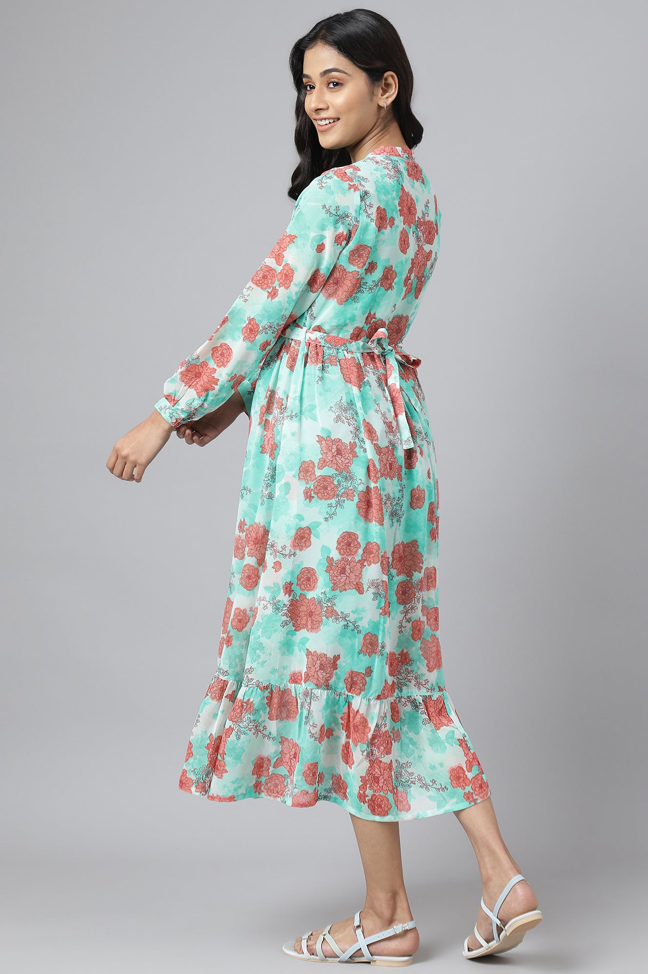 Green Bold Floral Print Flared Dress