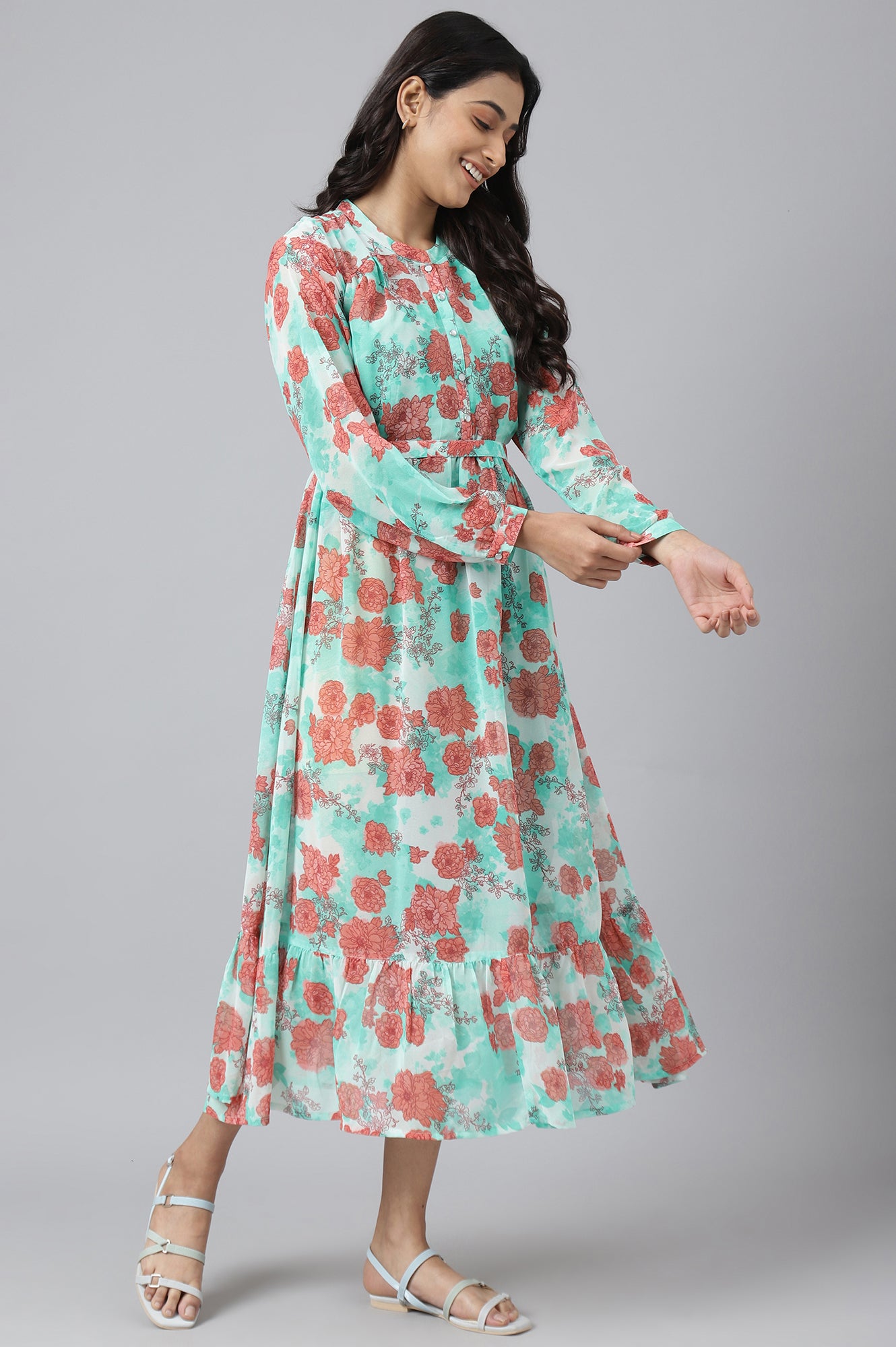 Green Bold Floral Print Flared Dress