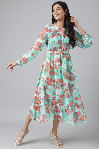 Green Bold Floral Print Flared Dress