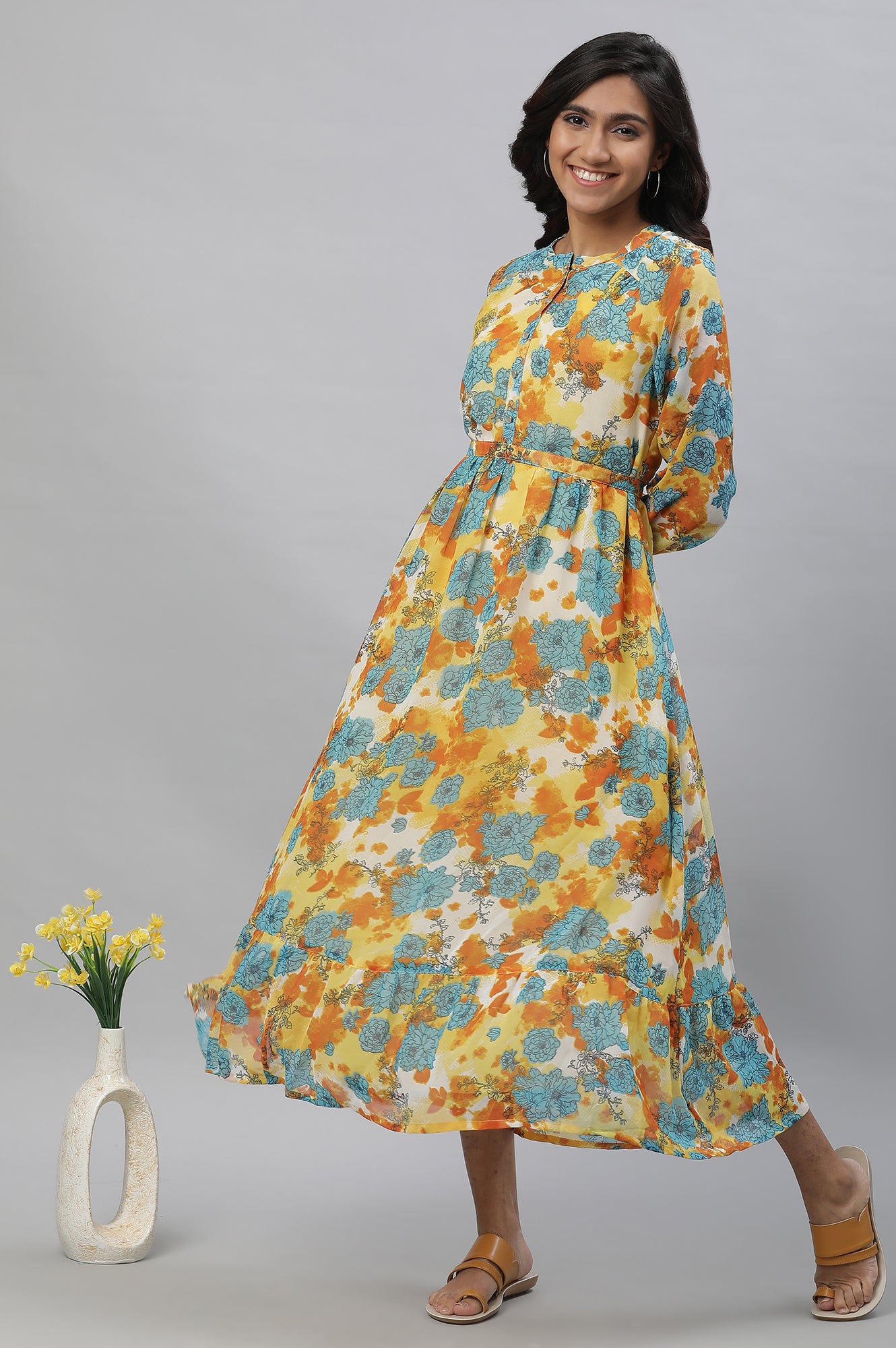 Yellow Bold Floral Print Flared Dress