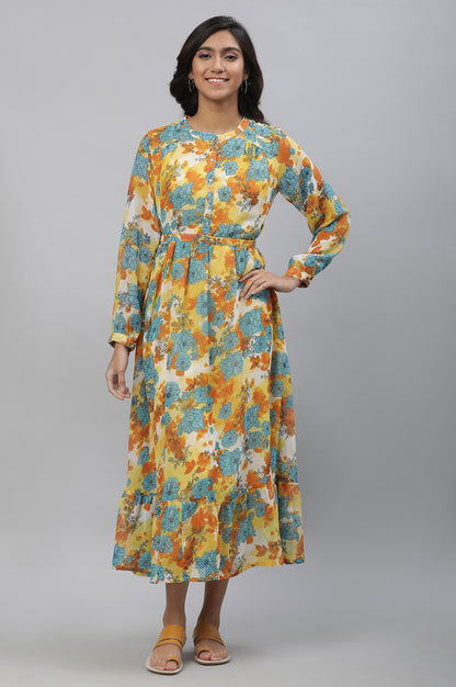 Yellow Bold Floral Print Flared Dress