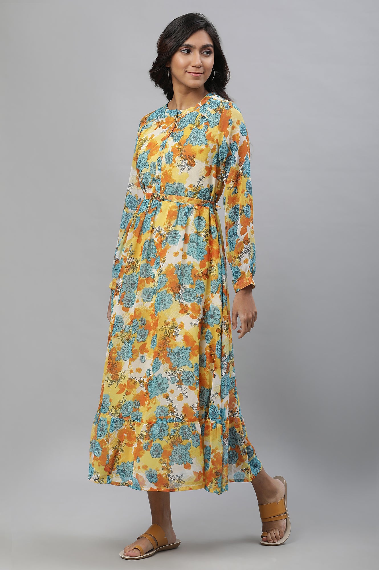 Yellow Bold Floral Print Flared Dress