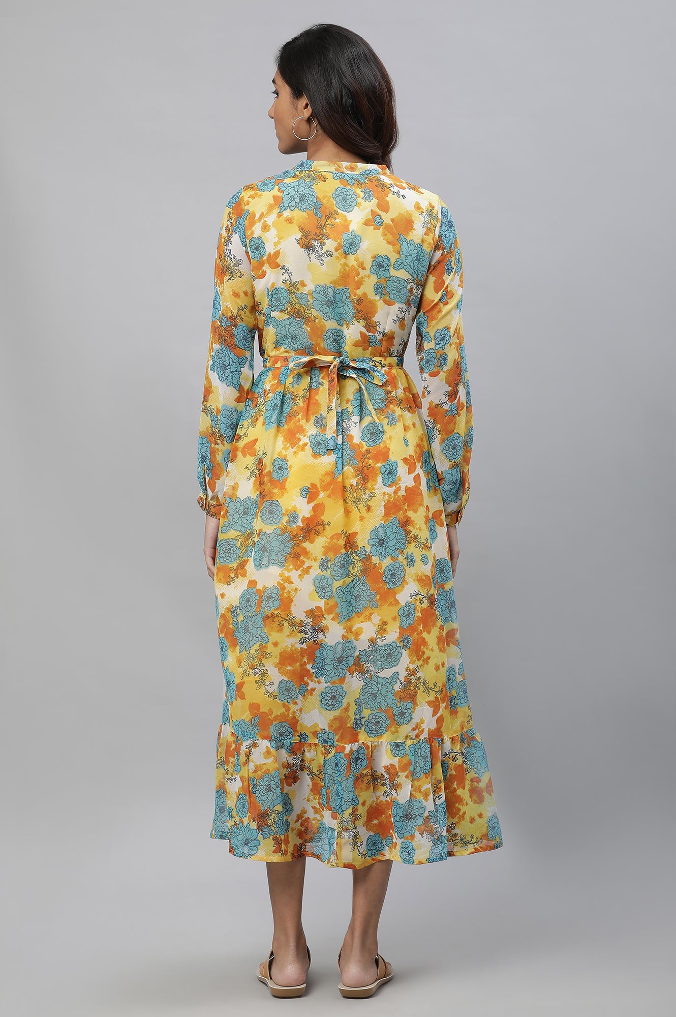 Yellow Bold Floral Print Flared Dress