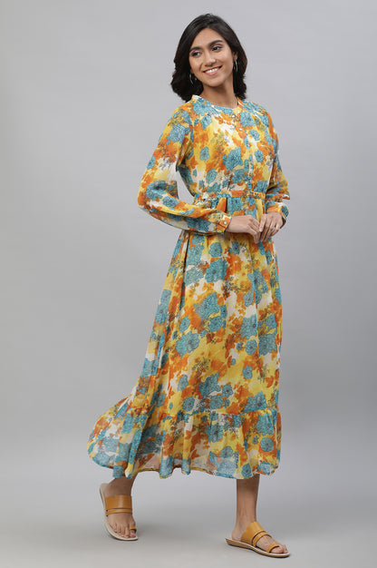 Yellow Bold Floral Print Flared Dress