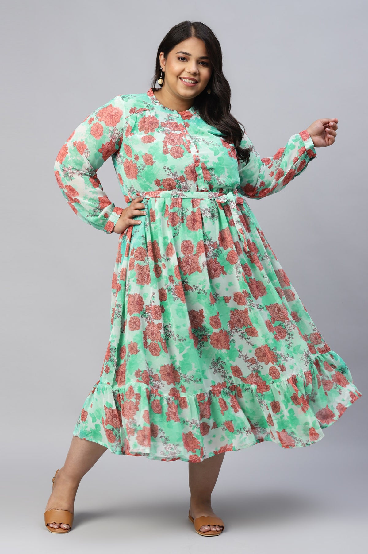 Green Bold Floral Print Flared Plus Size Dress - 3XL