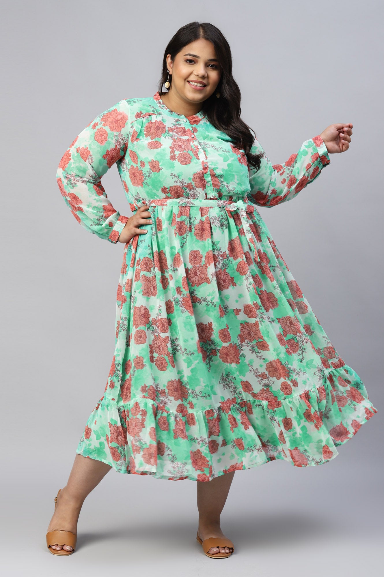 Green Bold Floral Print Flared Plus Size Dress