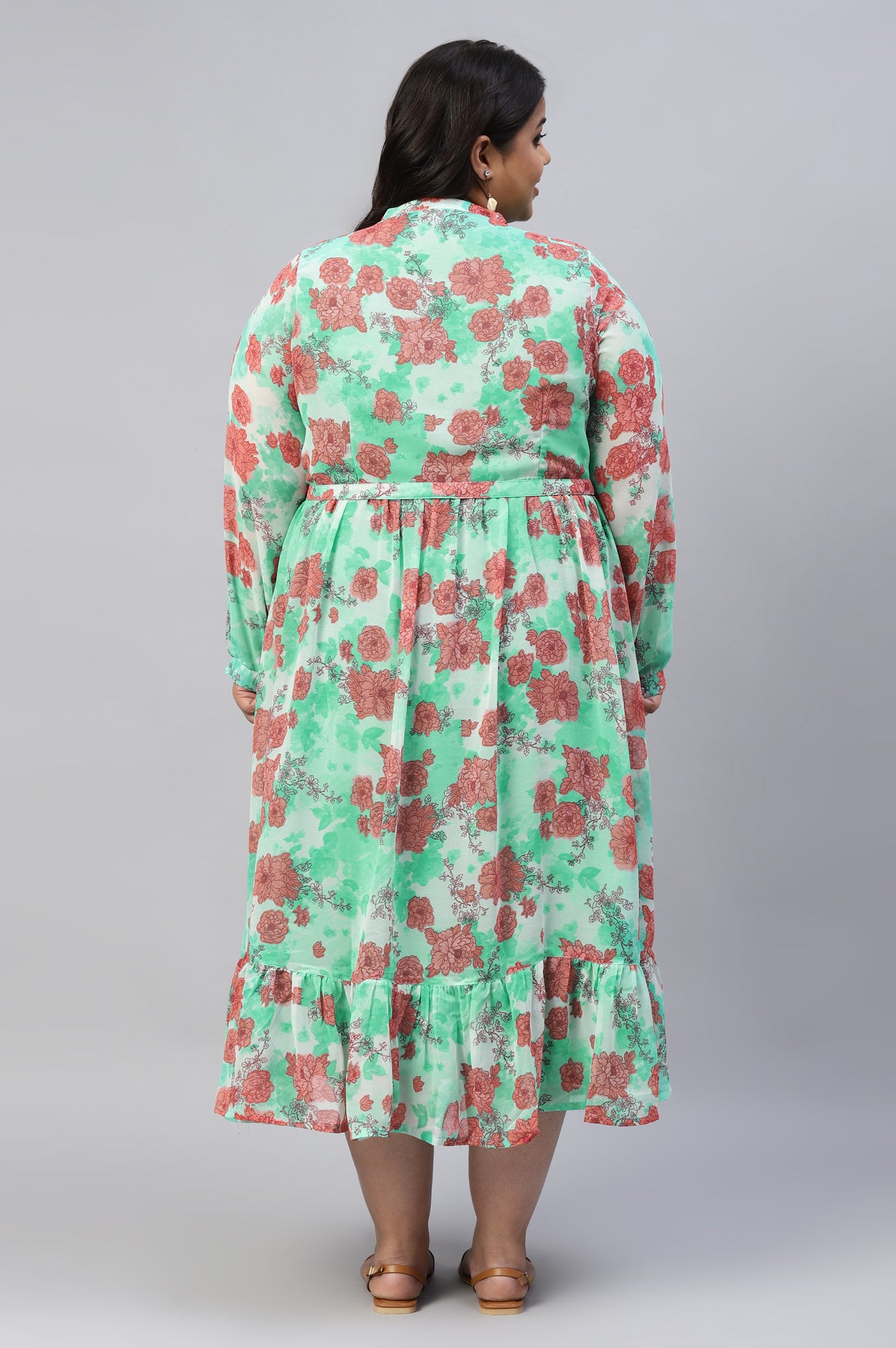 Green Bold Floral Print Flared Plus Size Dress