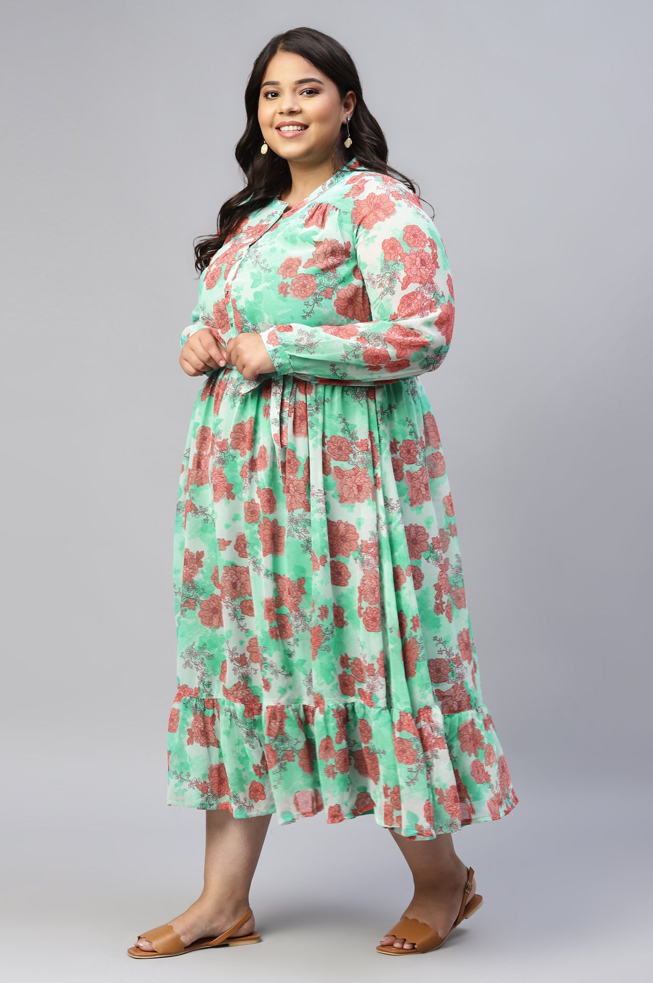 Green Bold Floral Print Flared Plus Size Dress