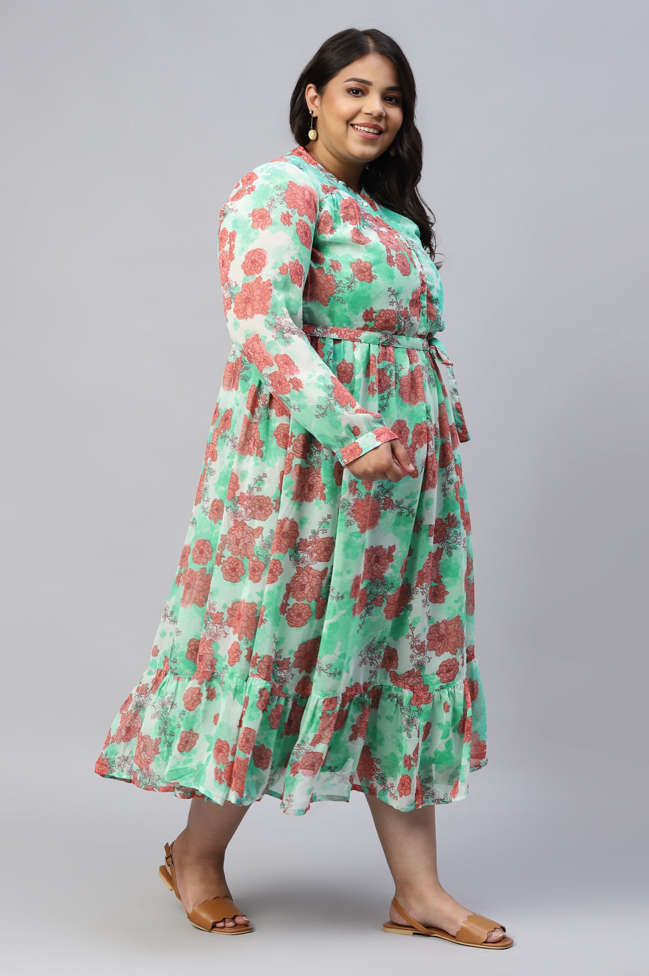 Green Bold Floral Print Flared Plus Size Dress