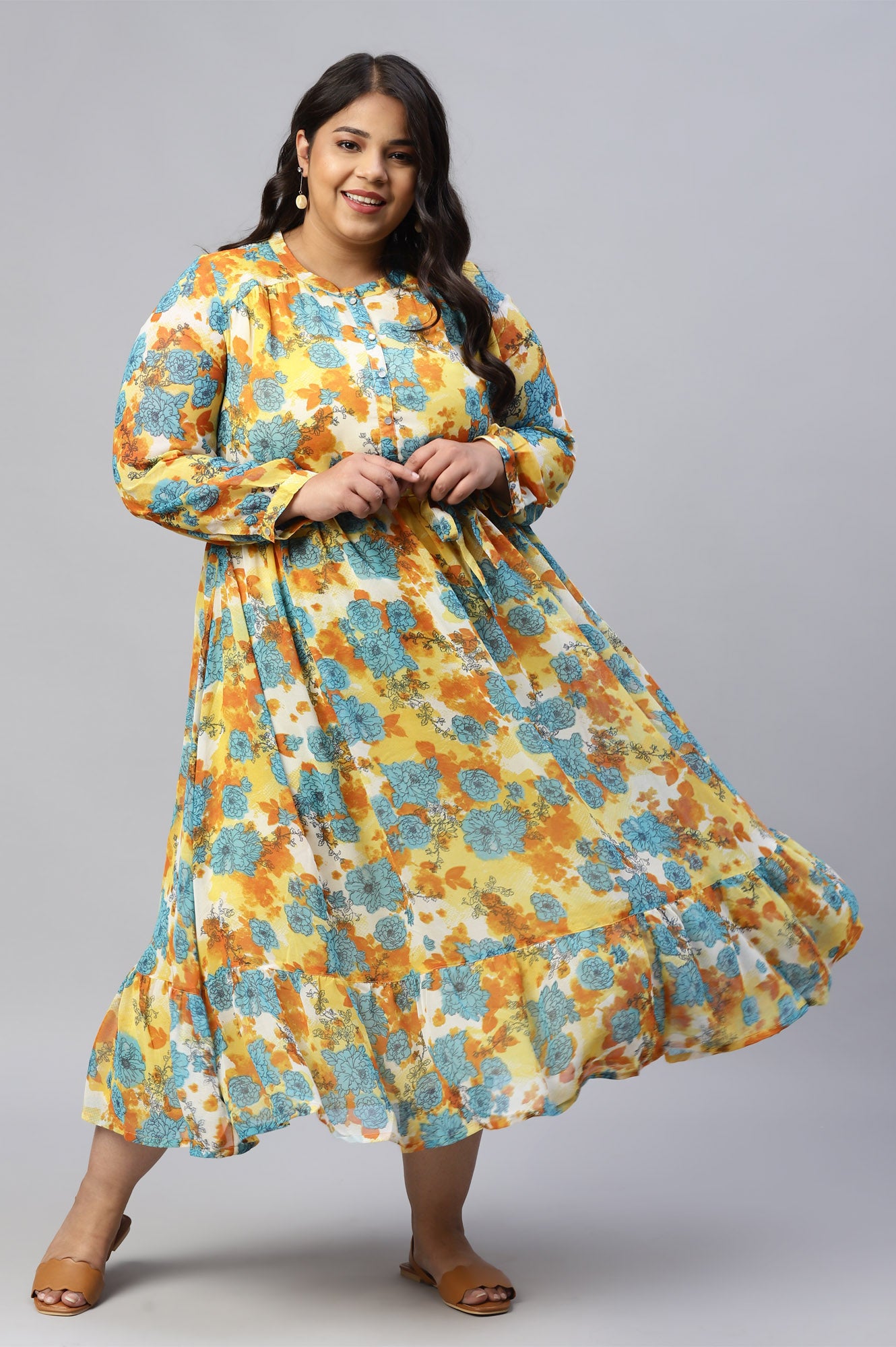 Yellow Bold Floral Print Flared Plus Size Dress