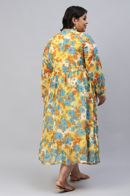 Yellow Bold Floral Print Flared Plus Size Dress