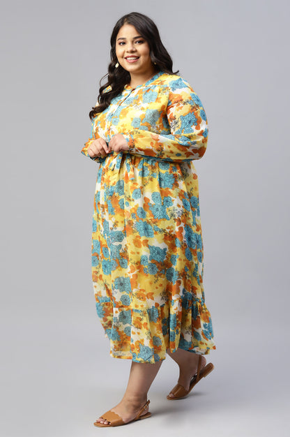 Yellow Bold Floral Print Flared Plus Size Dress