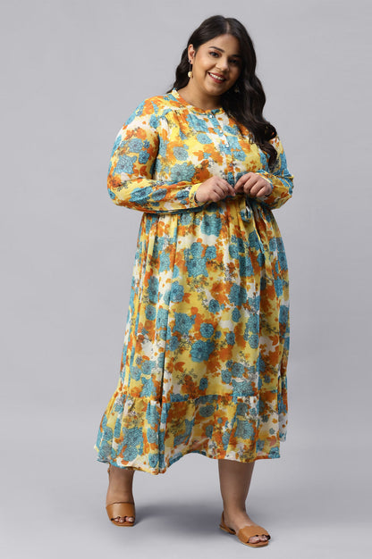 Yellow Bold Floral Print Flared Plus Size Dress