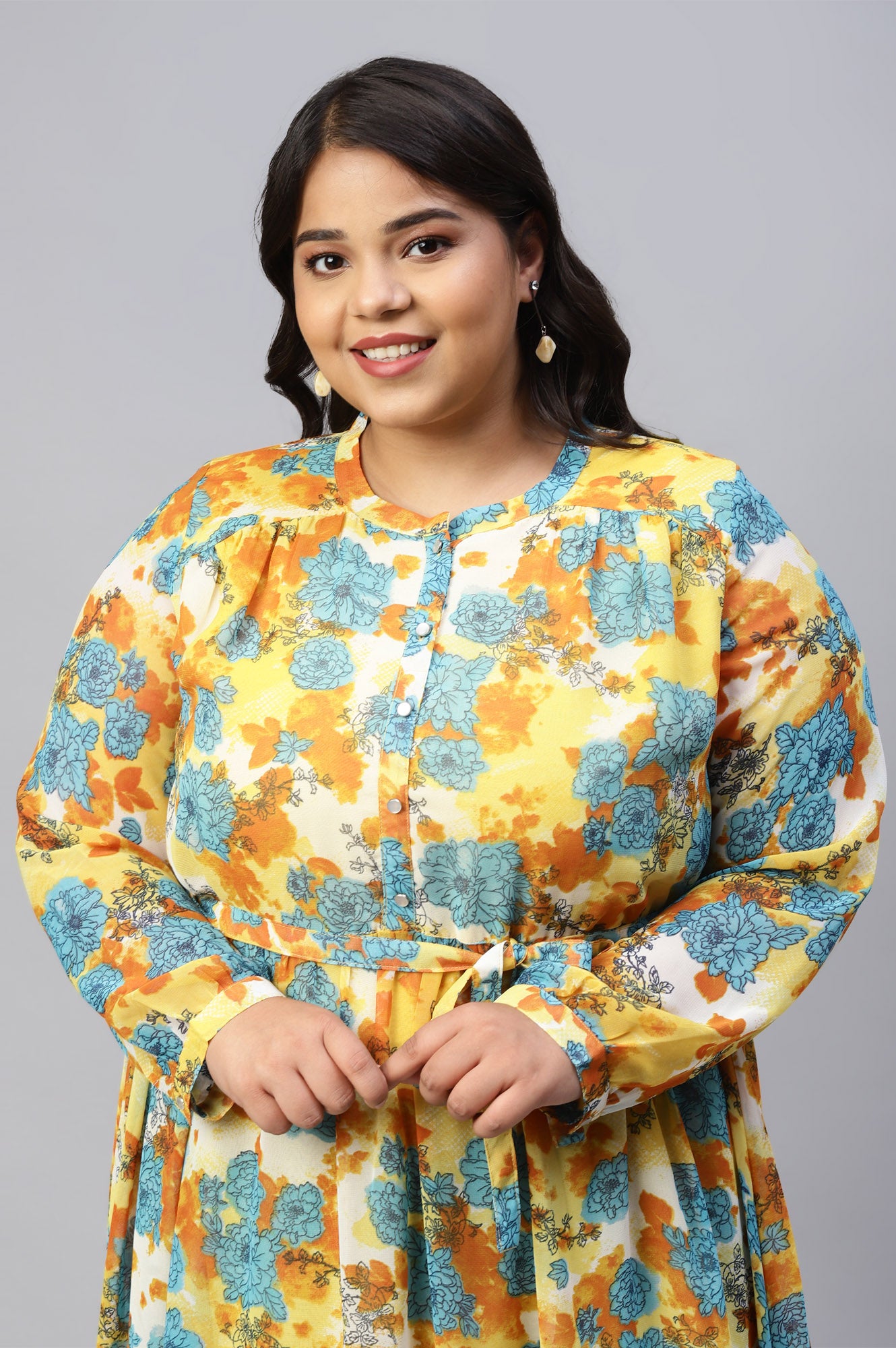 Yellow Bold Floral Print Flared Plus Size Dress