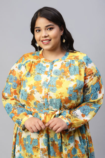 Yellow Bold Floral Print Flared Plus Size Dress