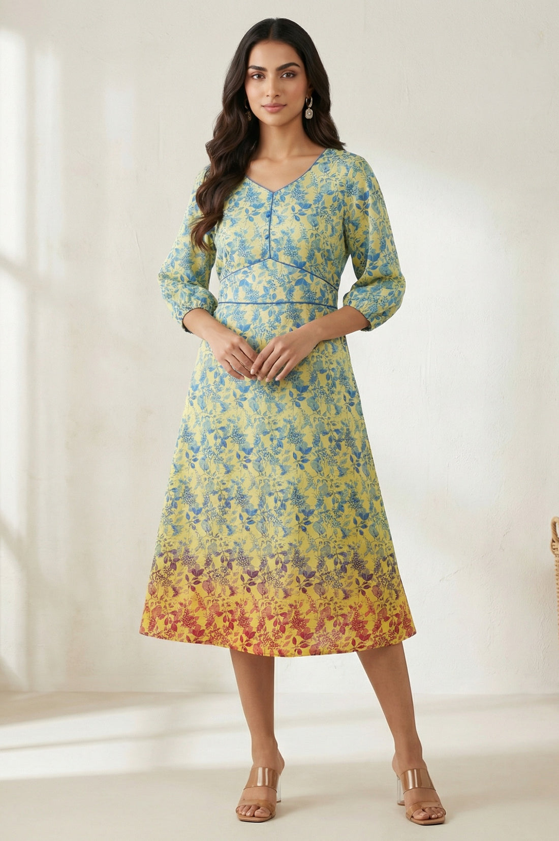 Yellow Floral Flared Dress