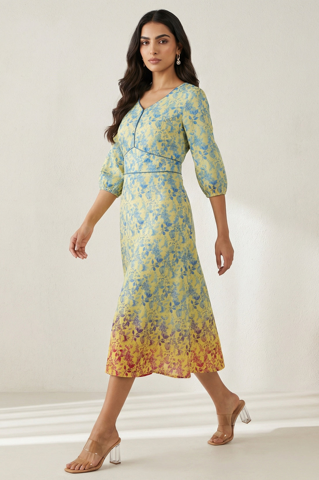 Yellow Floral Flared Dress