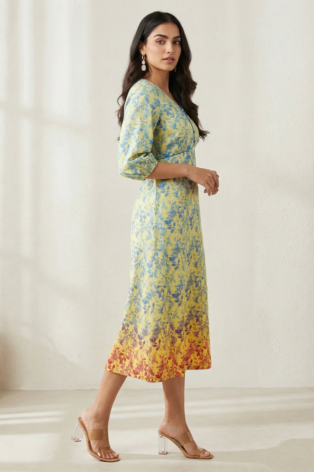 Yellow Floral Flared Dress