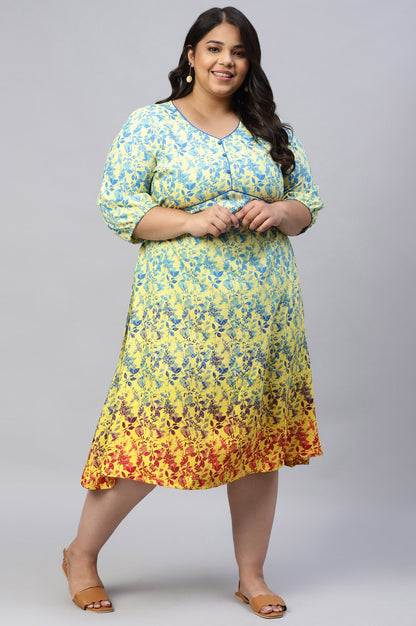 Yellow Floral Flared Plus Size Dress