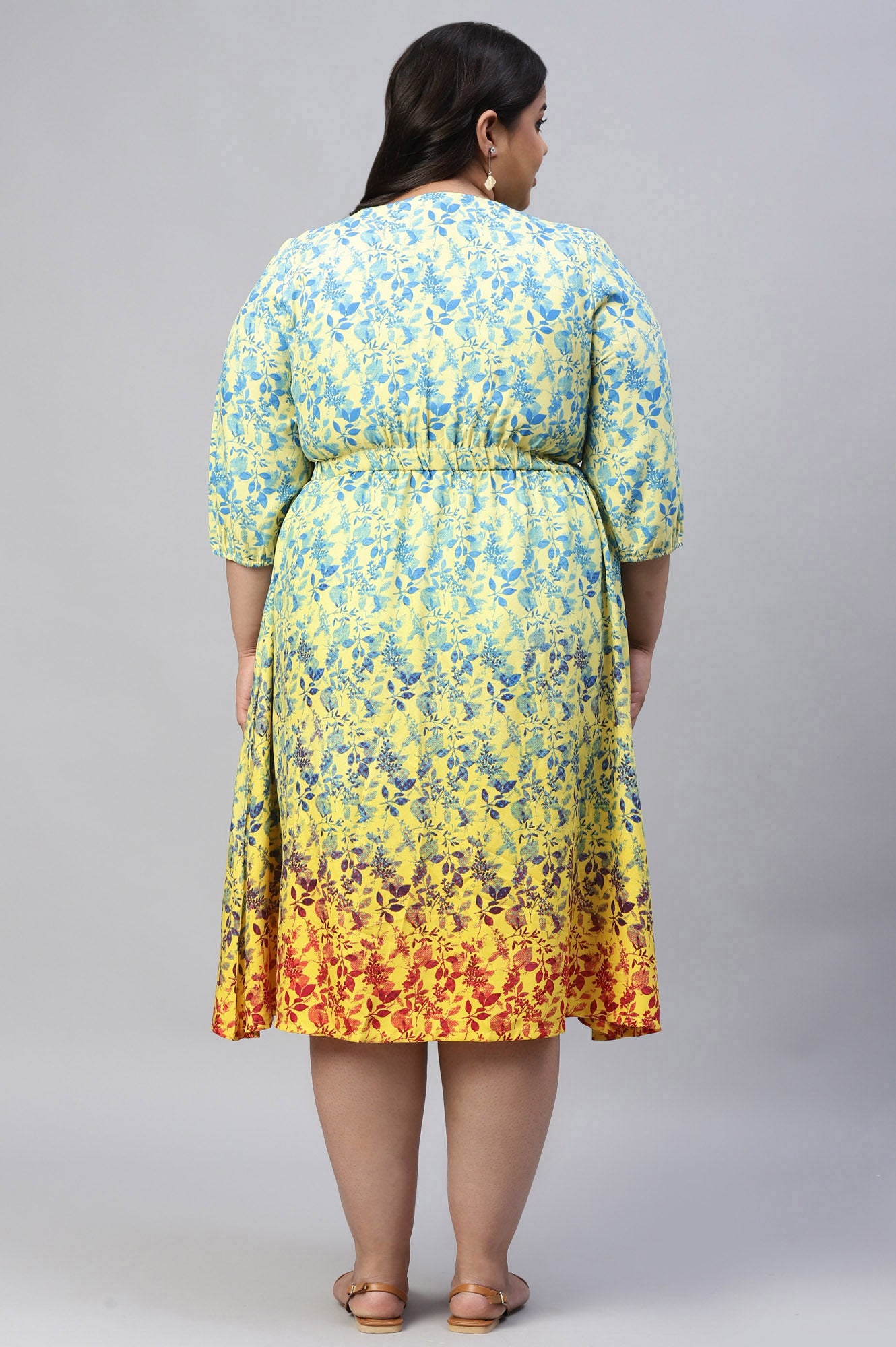 Yellow Floral Flared Plus Size Dress