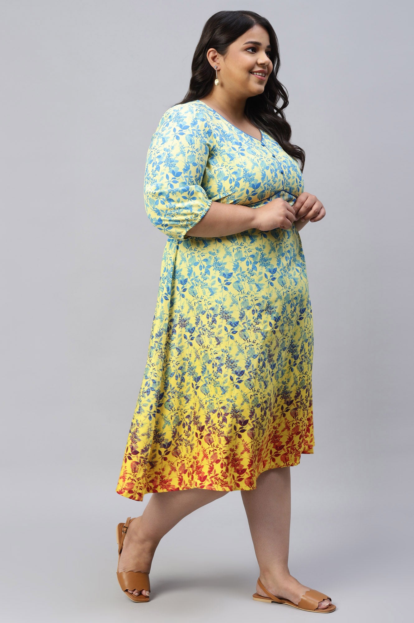 Yellow Floral Flared Plus Size Dress