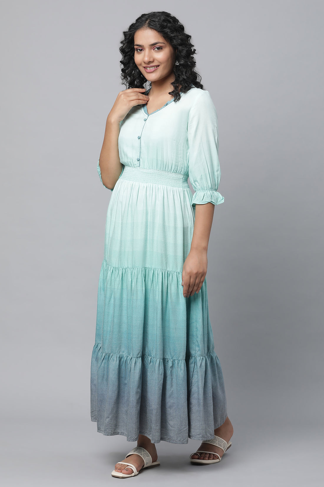 Blue Plus Size Dress With Smoking Detail