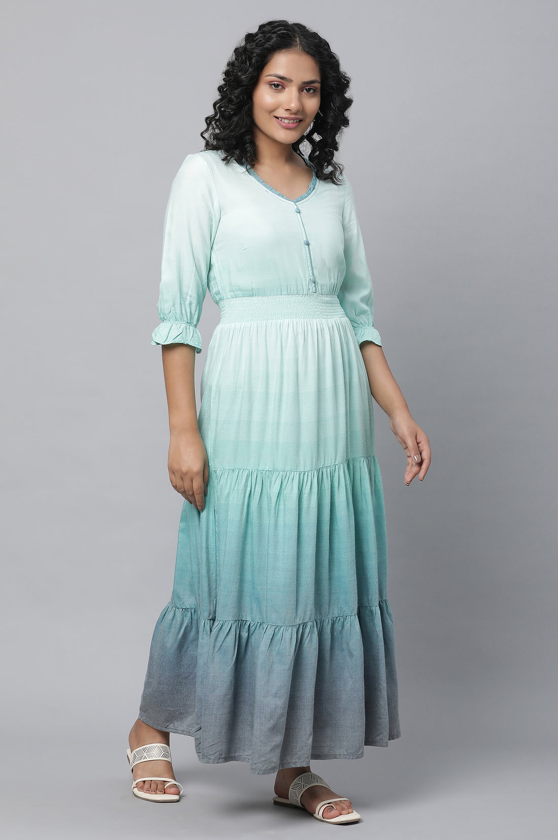 Blue Plus Size Dress With Smoking Detail