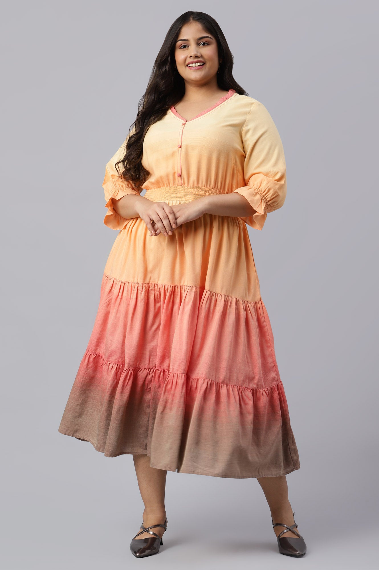 Yellow Plus Size Dress with Smoking Detail