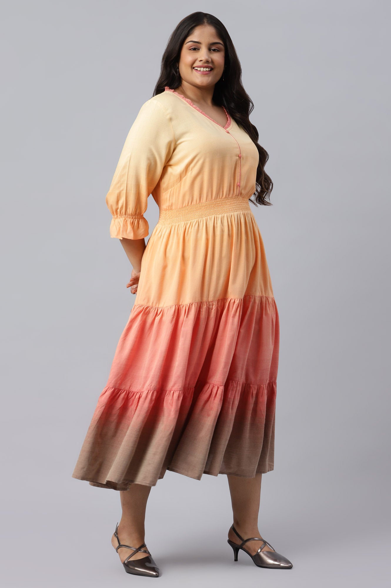 Yellow Plus Size Dress with Smoking Detail