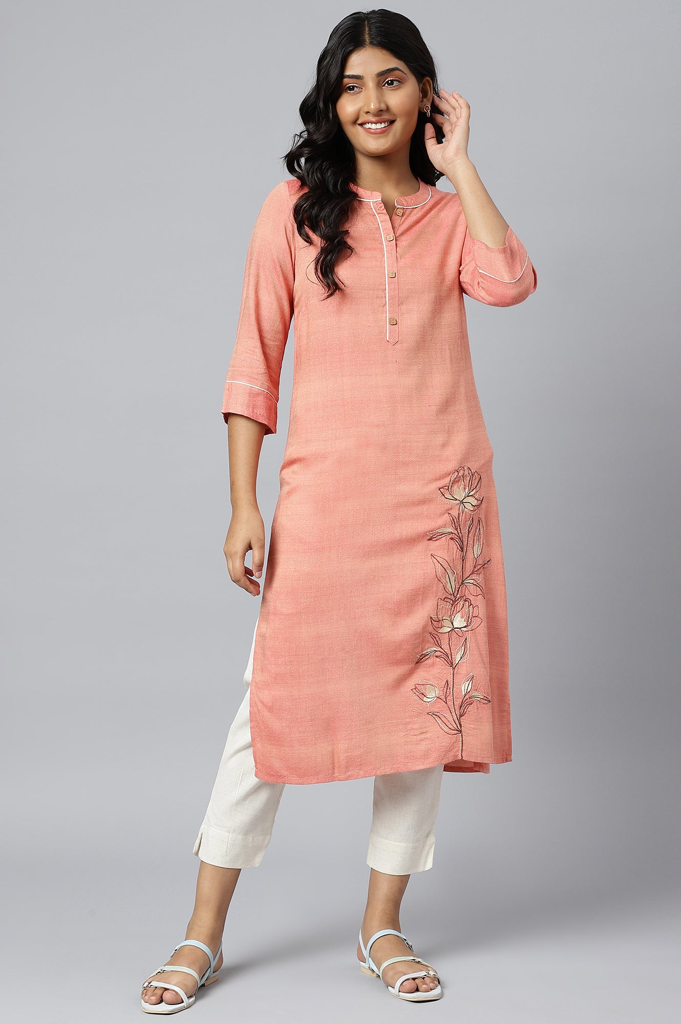 Orange Thread Embroidered Printed kurta