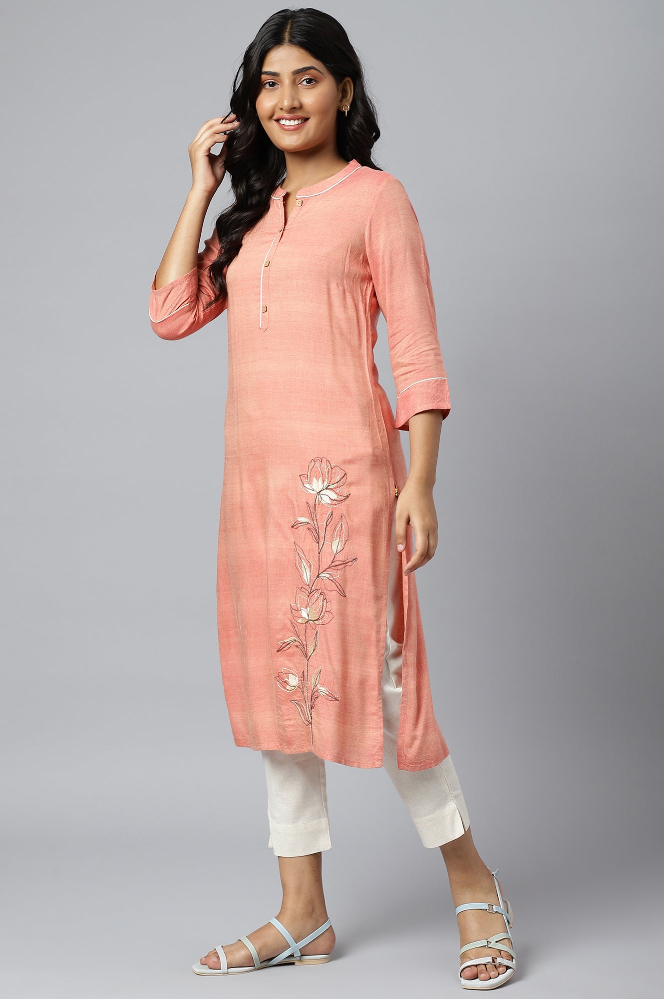 Orange Thread Embroidered Printed kurta