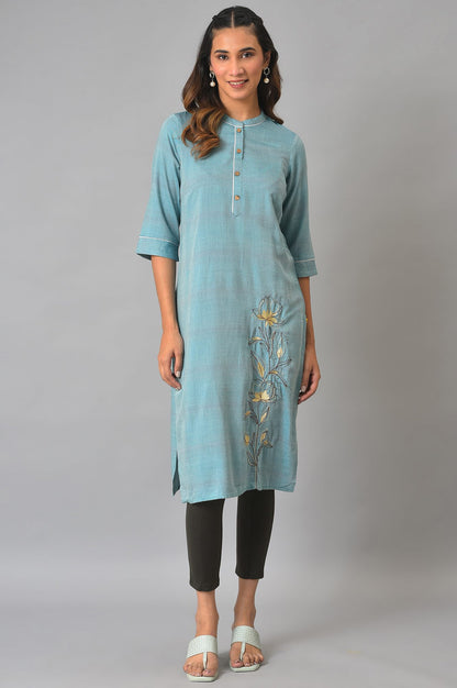 Blue Thread Embroidered Printed kurta