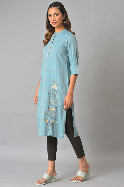 Blue Thread Embroidered Printed kurta