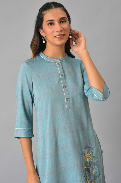 Blue Thread Embroidered Printed kurta