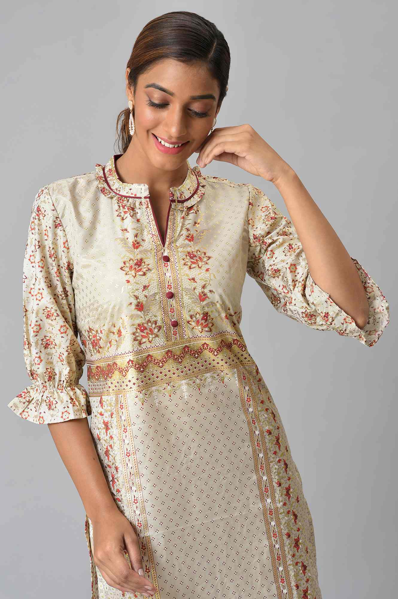 Grey Floral Printed Sequined Ethnic kurta