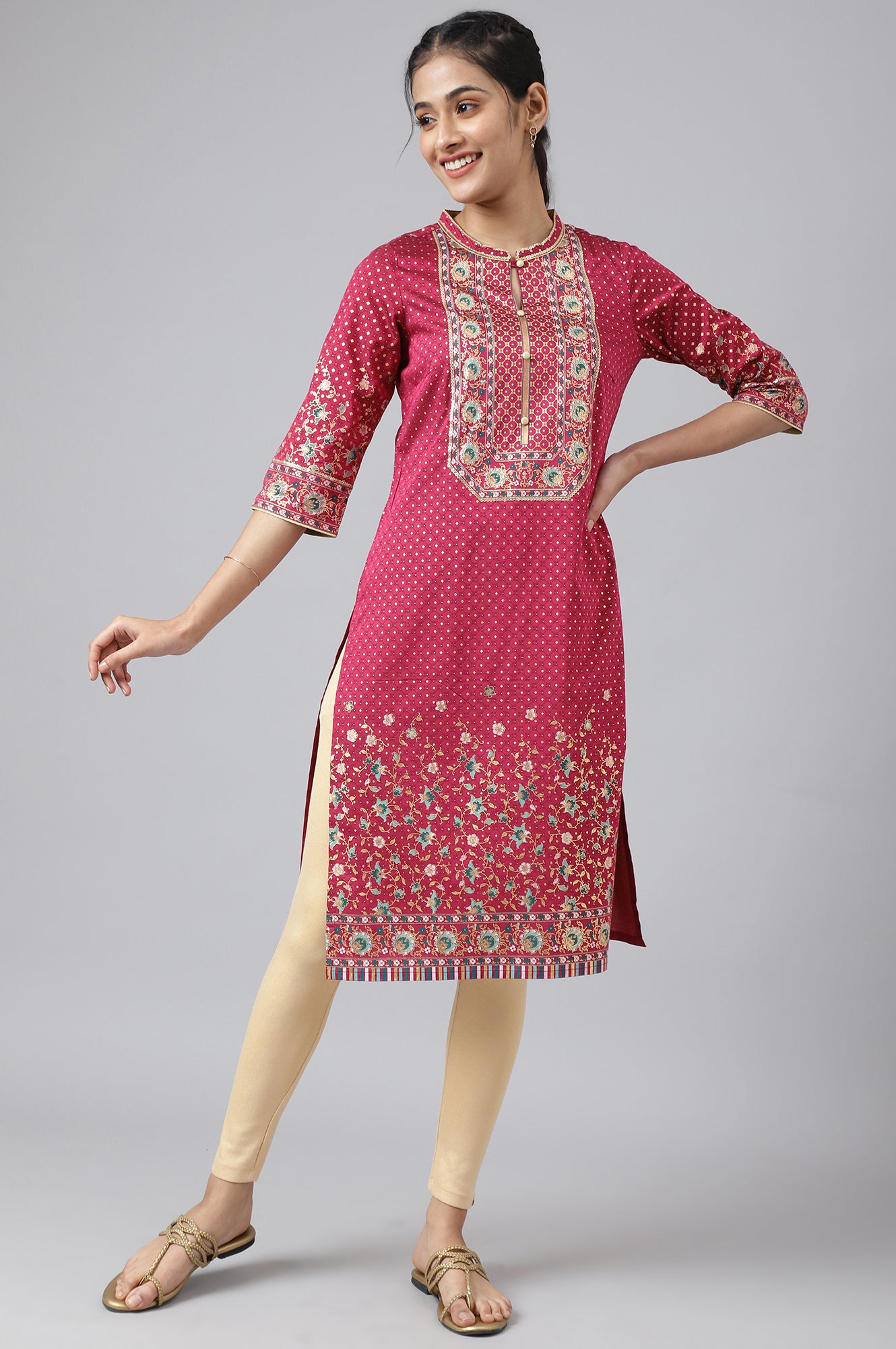 Pink Floral Printed Sequined Ethnic kurta