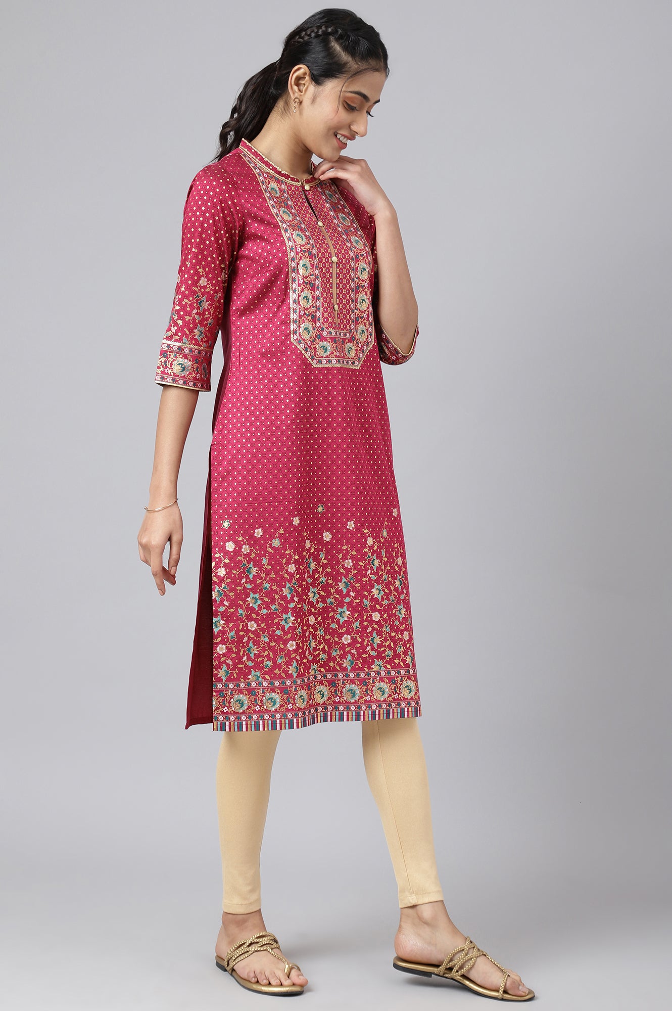 Pink Floral Printed Sequined Ethnic kurta