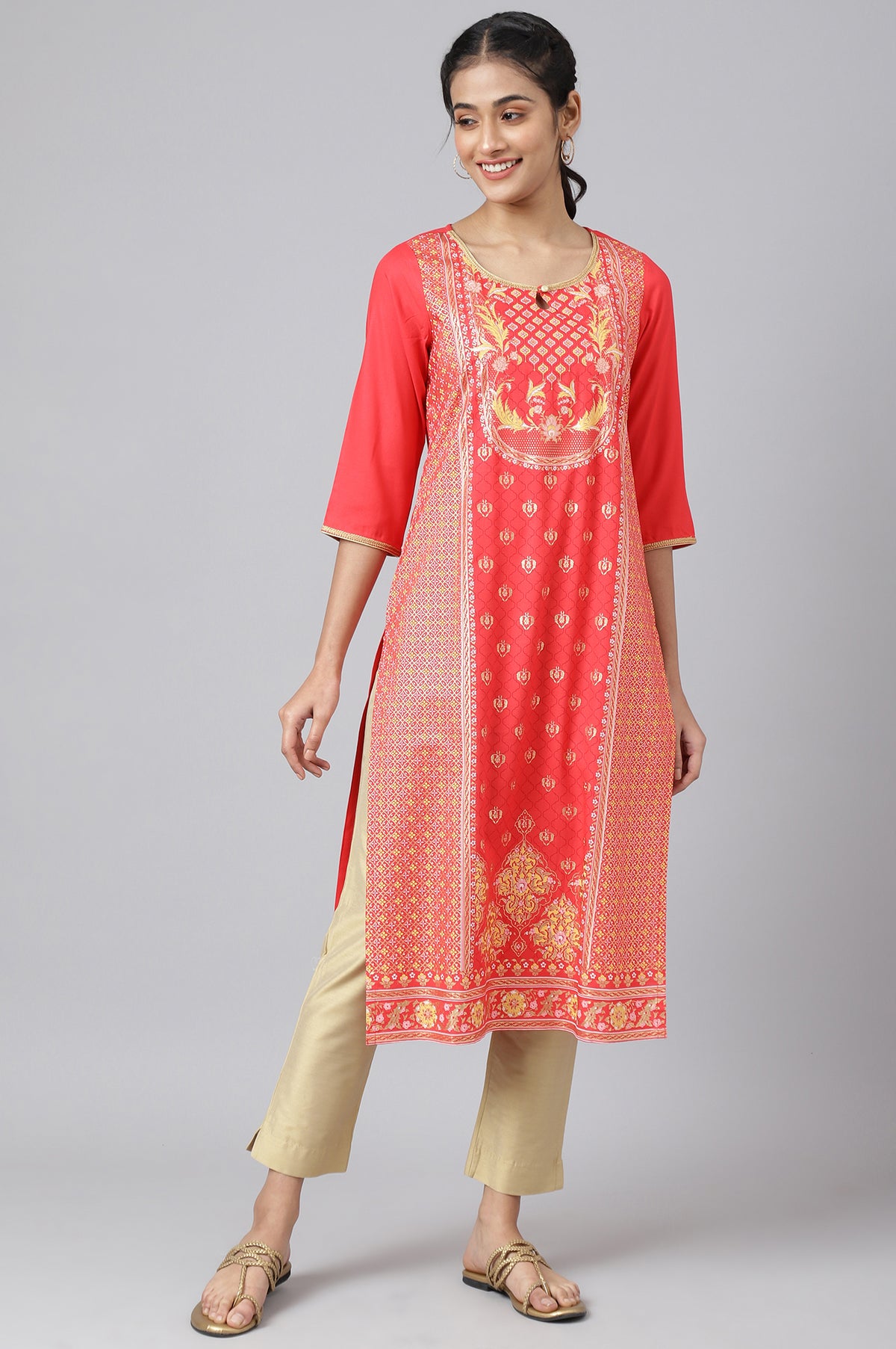 Red Floral Foil Print Ethnic kurta - XS