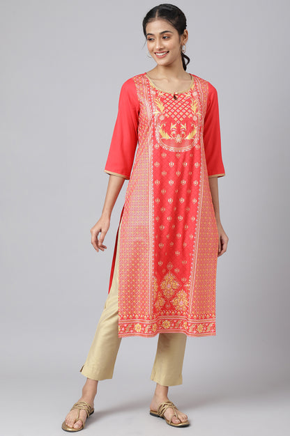 Red Floral Foil Print Ethnic kurta