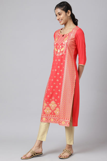 Red Floral Foil Print Ethnic kurta