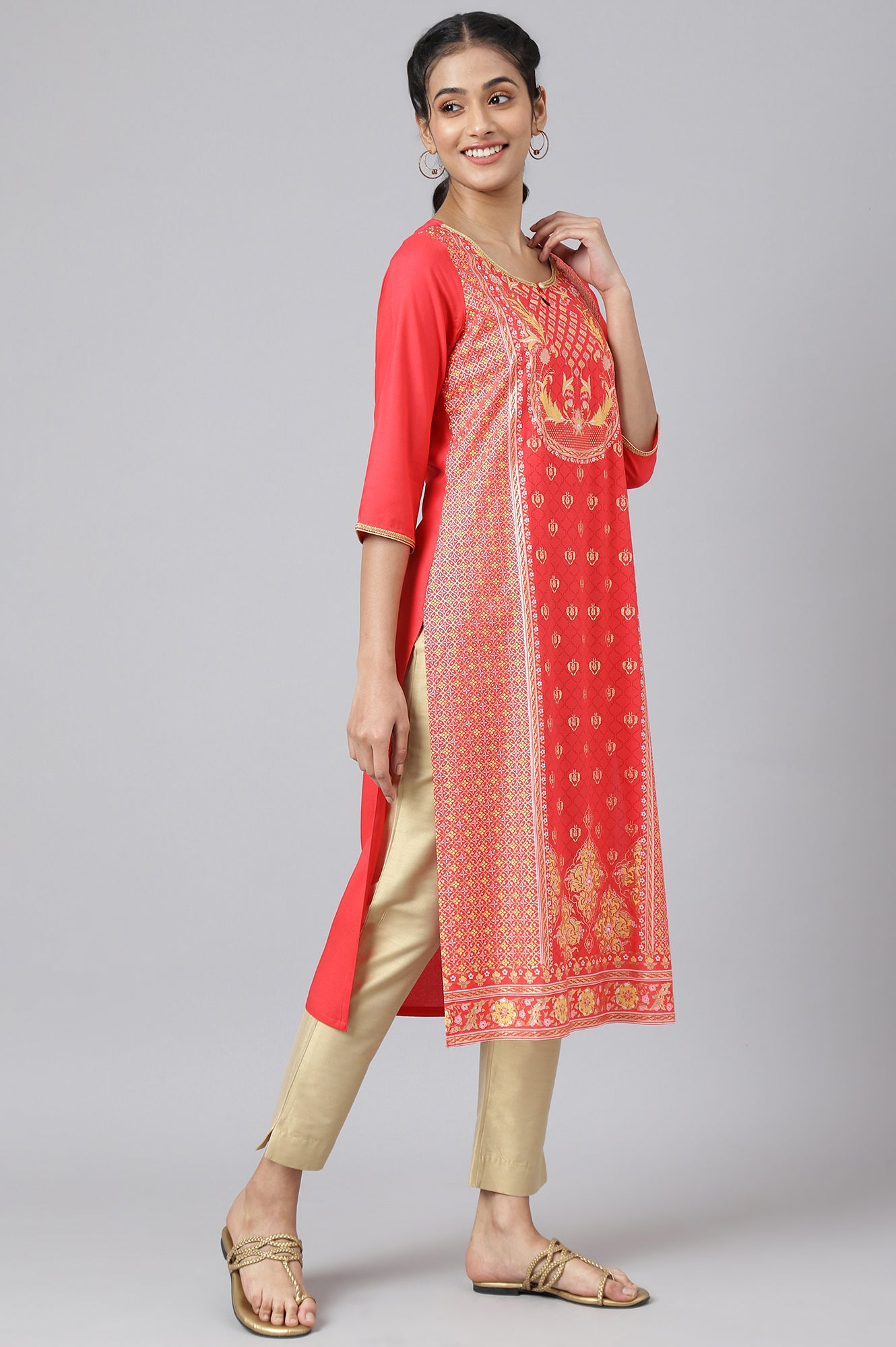 Red Floral Foil Print Ethnic kurta