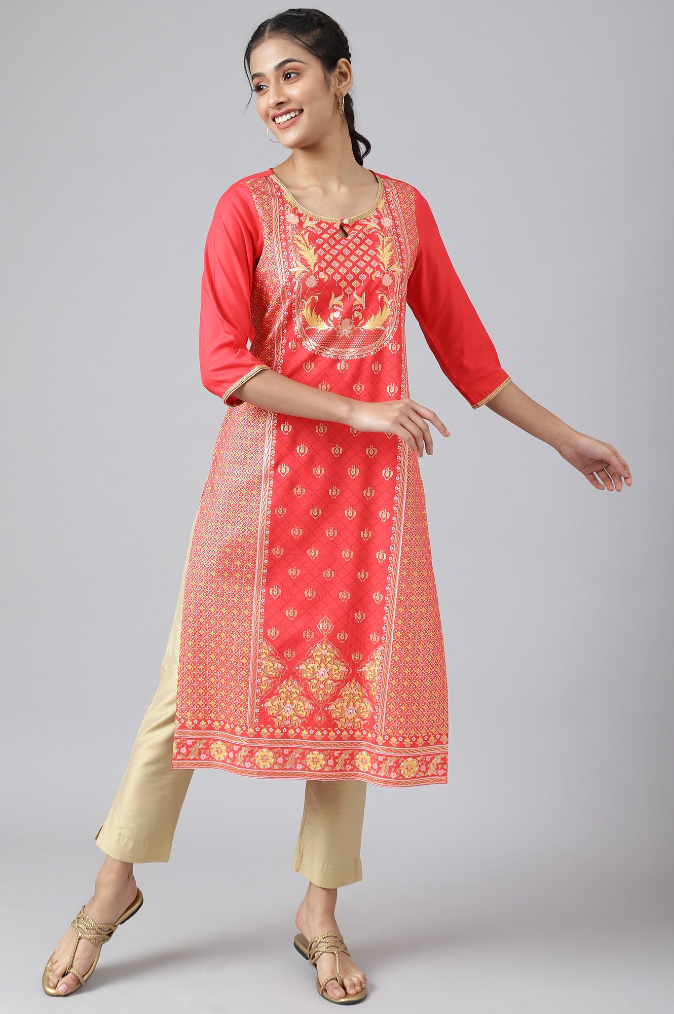 Red Floral Foil Print Ethnic kurta